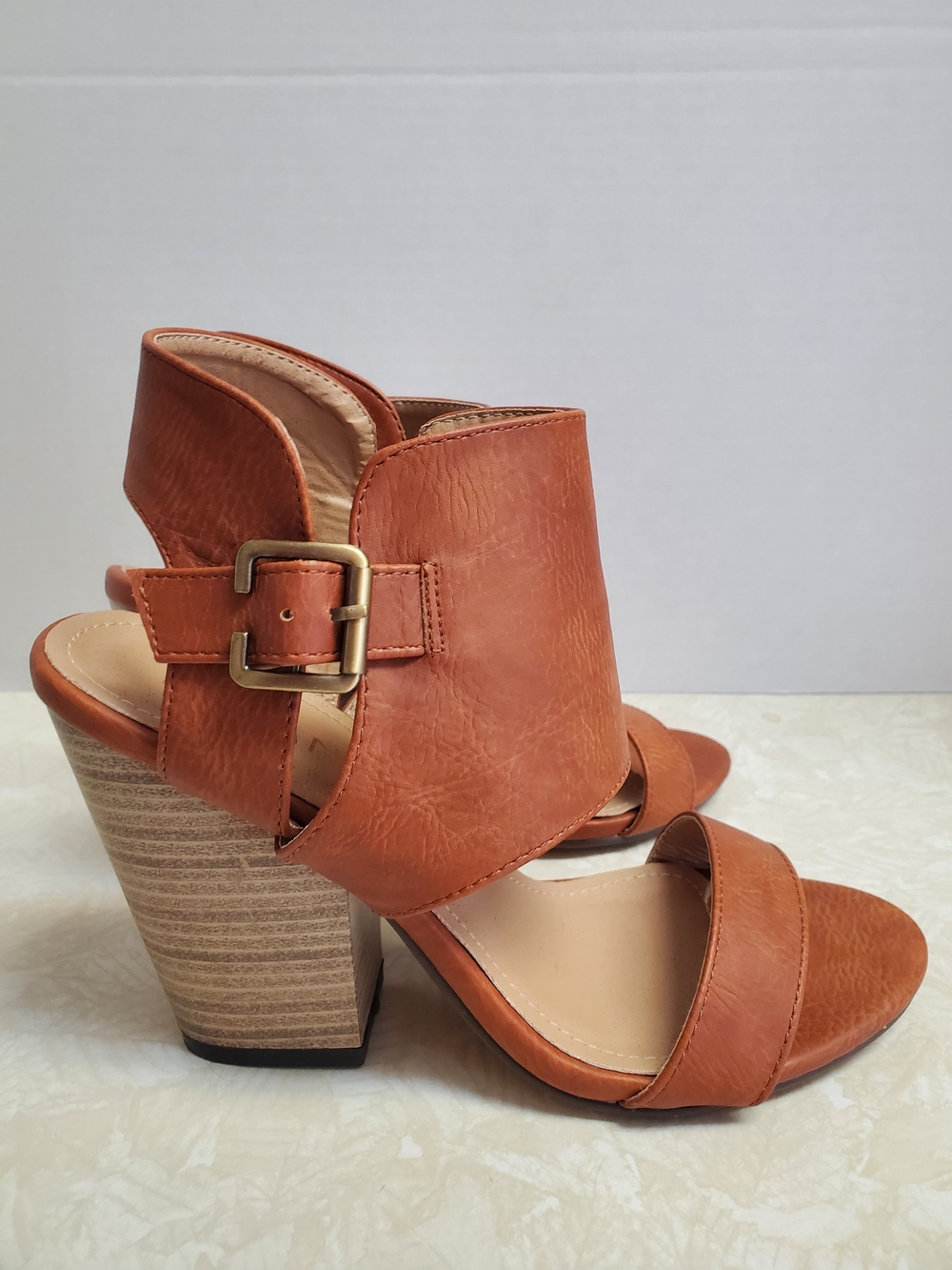 Liliana Cognac Block Heel Open-Toe Sandals with Buckle